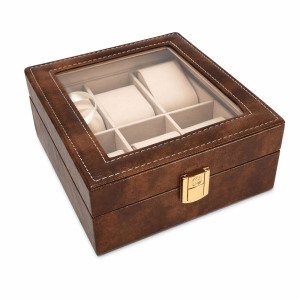 Кафява кожена кутия за 6 часовника със стъклен капак