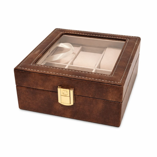 Елегантна кафява кожена кутия за 6 часовника със стъкло