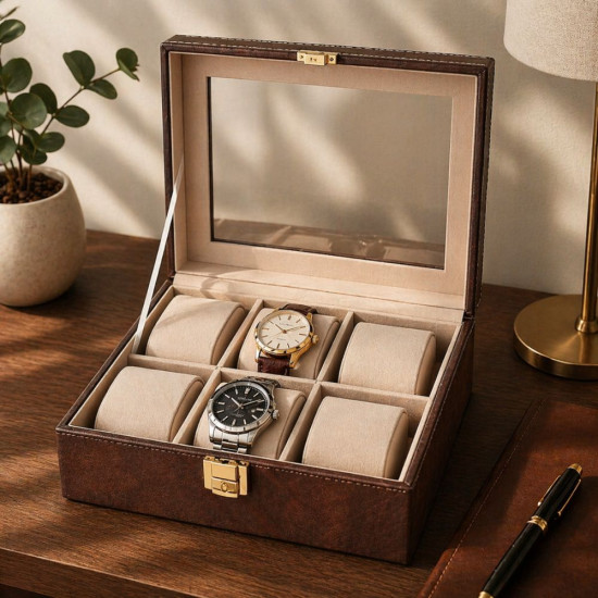 Елегантна кафява кожена кутия за 6 часовника със стъкло