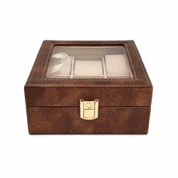 Кафява кожена кутия за 6 часовника със стъклен капак