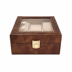 Кафява кожена кутия за 6 часовника със стъклен капак