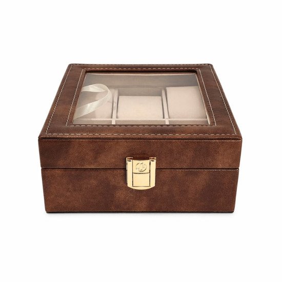 Елегантна кафява кожена кутия за 6 часовника със стъкло