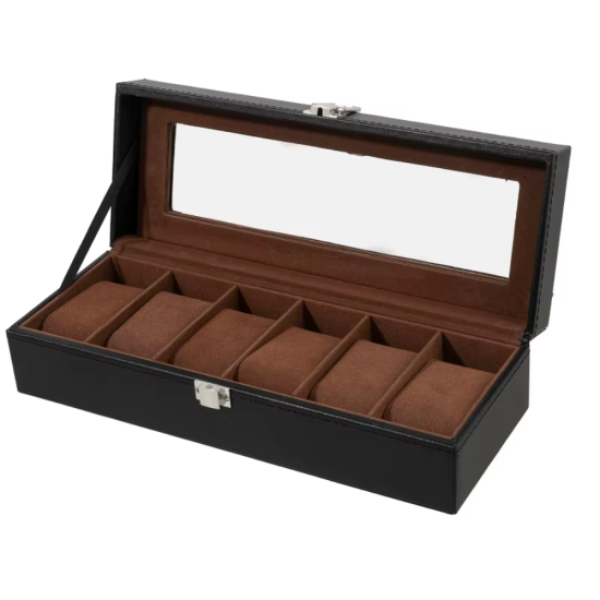 Черна кожена кутия за 6 часовника с кафяв велурен интериор