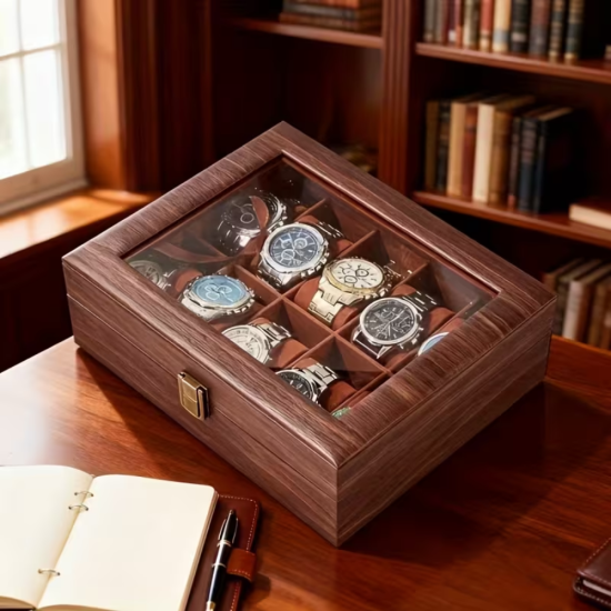 Кутия за 10 часовника с дизайн на тъмно дърво и стъклен капак