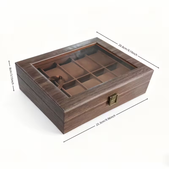 Кутия за 10 часовника с дизайн на тъмно дърво и стъклен капак