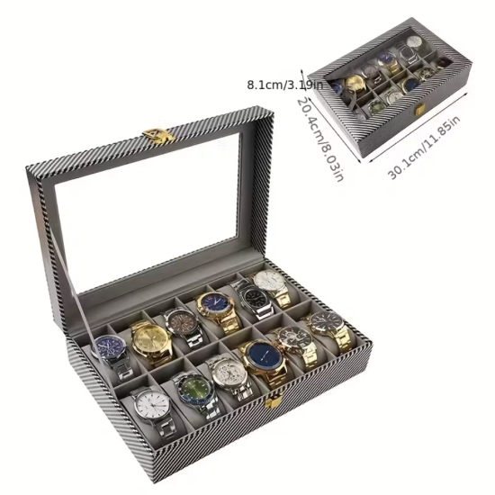 Кутия за съхраКутия за 12 часовника с карбонов дизайн и стъклен капакнение на часовници на супер цена от Neostyle.bg