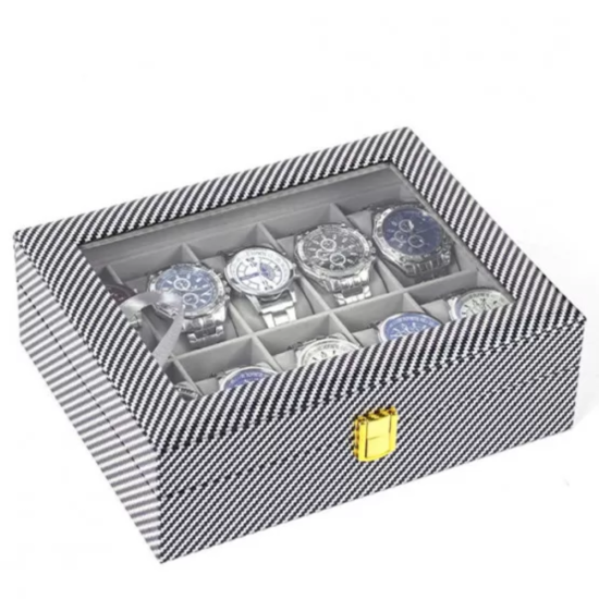 Кутия за съхраКутия за 12 часовника с карбонов дизайн и стъклен капакнение на часовници на супер цена от Neostyle.bg