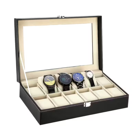 Черна кожена кутия за 12 часовника със стъклен капак