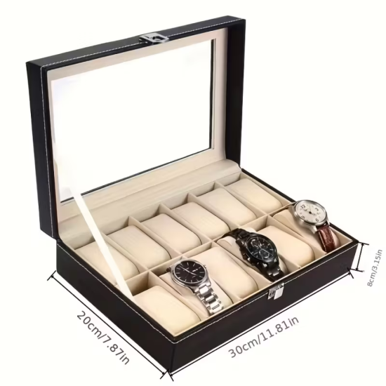 Черна кожена кутия за 12 часовника със стъклен капак