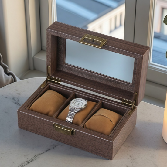 Луксозна дървена кутия за съхранение на 3 броя часовници със стъклен капак