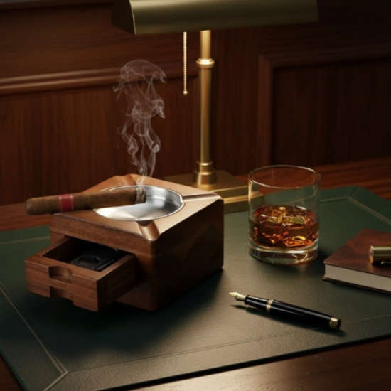 квадратен дървен пепелник за пури с четири гнезда и метална купа