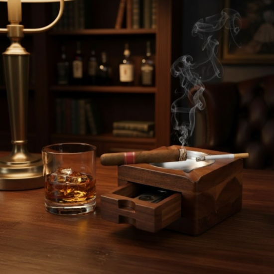 квадратен дървен пепелник за пури с четири гнезда и метална купа