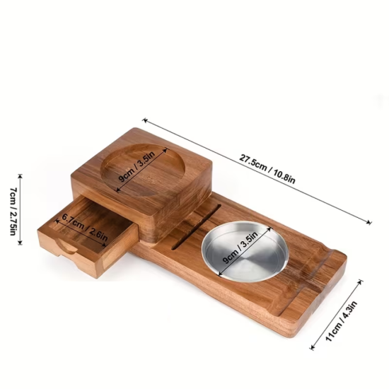 правоъгълен дървен пепелник за пури с вградено чекмедже и метална ваничка