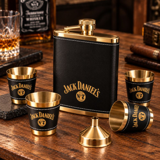 Комплект манерка с четири чаши Jack Daniel's със златисти детайли и черна кожа