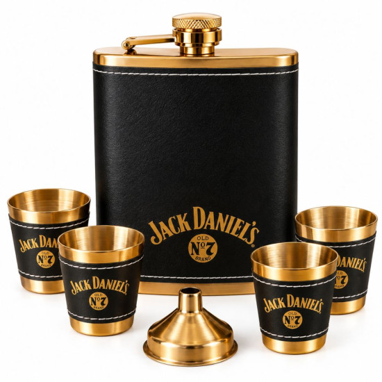 Комплект манерка с четири чаши Jack Daniel's със златисти детайли и черна кожа