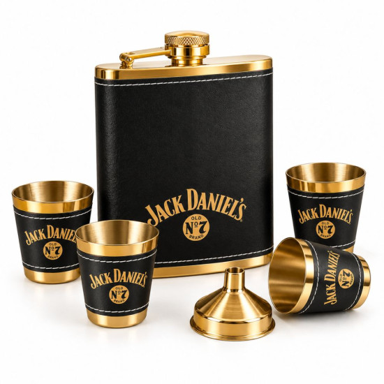 Комплект манерка с четири чаши Jack Daniel's със златисти детайли и черна кожа