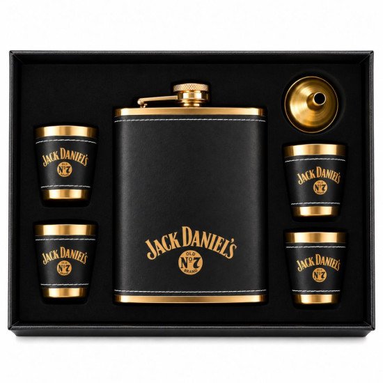 Комплект манерка с четири чаши Jack Daniel's със златисти детайли и черна кожа