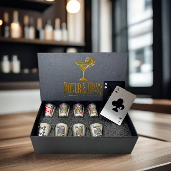 отворен парти сет Poker and Tipsy с 8 метални шота и 2 отварачки карти