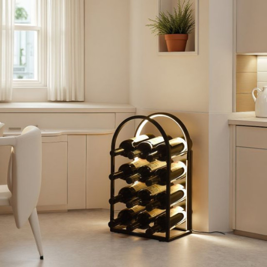 Светеща черна метална поставка за вино за 12 бутилки