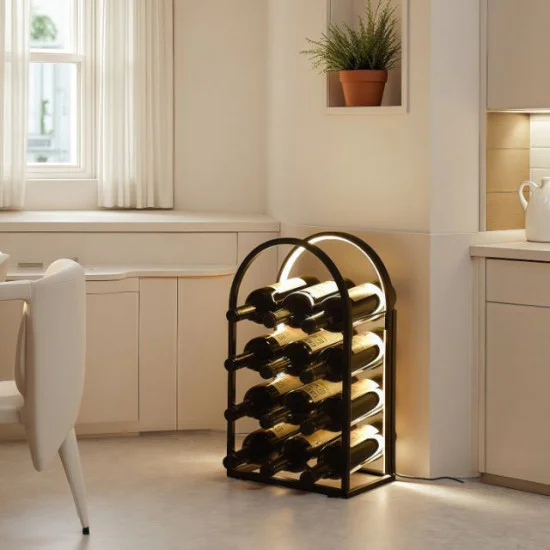 Светеща черна метална поставка за вино за 12 бутилки