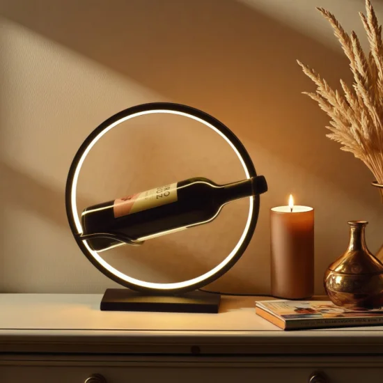 Кръгла метална поставка за вино с вградена LED лента, осветяваща бутилка червено вино в тъмна стая