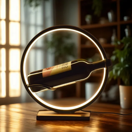 Кръгла метална поставка за вино с вградена LED лента, осветяваща бутилка червено вино в тъмна стая